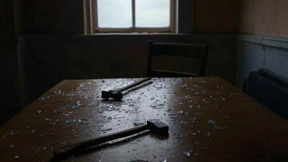 Un machete y martillo están en una mesa