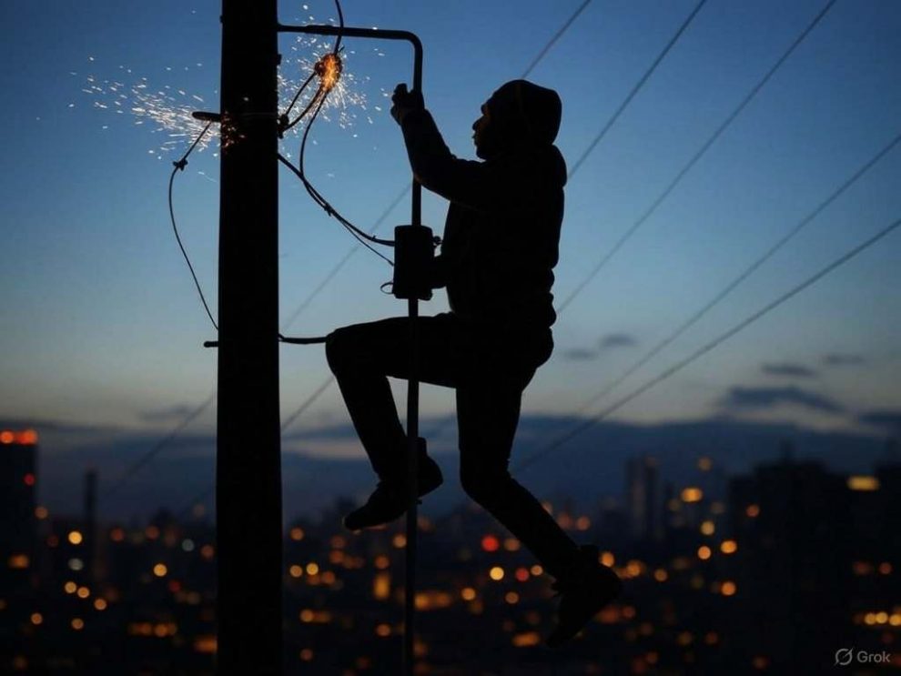 La silueta de un hombre, trepado en un poste eléctrico, y se produce un cortocircuito con chispas