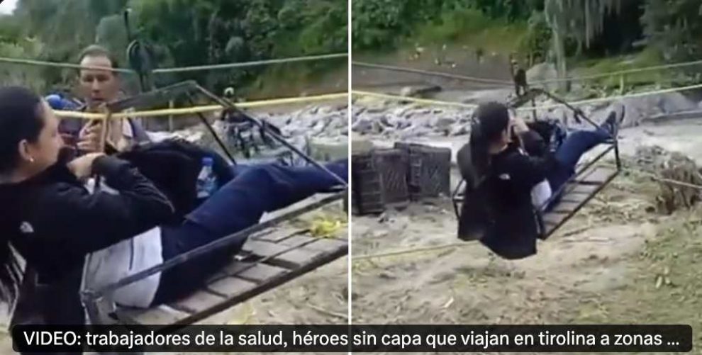 Trabajadores de la salud cruzan ríos en tirolina en Mérida