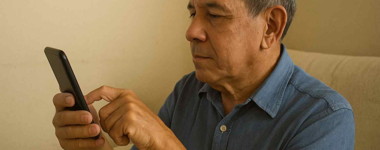 Un jubilado venezolano revisando su teléfono inteligente, sin mostrar la pantalla ni transmitir tristeza o alegría