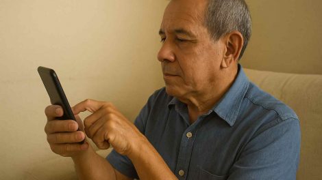 Un jubilado venezolano revisando su teléfono inteligente, sin mostrar la pantalla ni transmitir tristeza o alegría