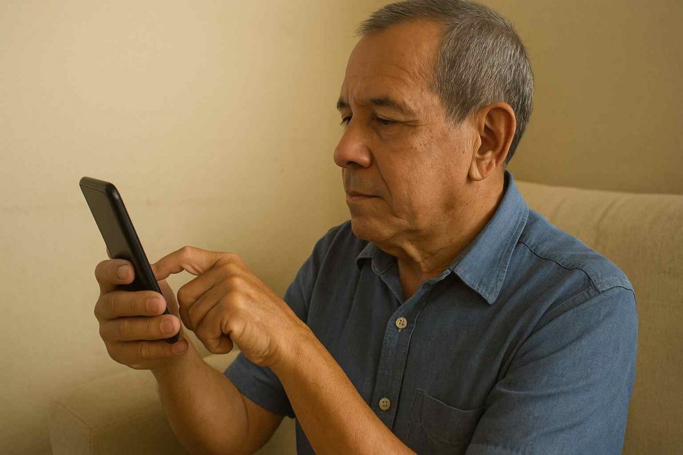 Un jubilado venezolano revisando su teléfono inteligente, sin mostrar la pantalla ni transmitir tristeza o alegría