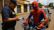 • Dimensiones: 1200 x 675 píxeles • Peso: 73,3 KB (dentro del límite de 100 KB) • Estilo: Fotografía realista Tema: Spiderman es multado por la policía por no usar caso en una moto en Upata, Venezuela