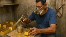 Un hombre pintando lingotes de oro de dorado en un taller clandestino en Venezuela