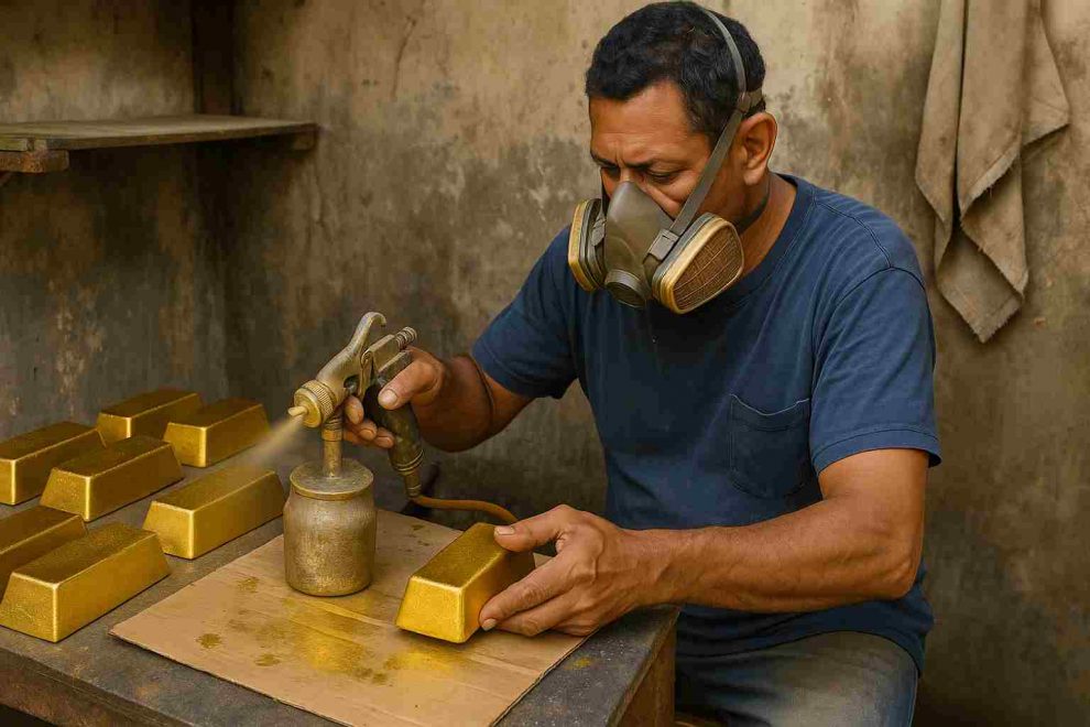 Un hombre pintando lingotes de oro de dorado en un taller clandestino en Venezuela