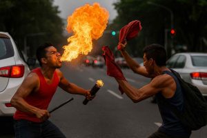 Tragafuegos y limpiaparabrisas protagonizan pelea en México