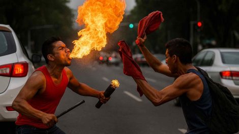 Tragafuegos y limpiaparabrisas protagonizan pelea en México