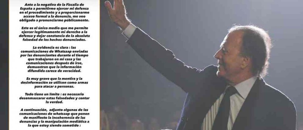 Julio Iglesias publicó mensajes de WhatsApp para desmentir acusaciones de agresión sexual mientras solicita acceso formal a la denuncia.