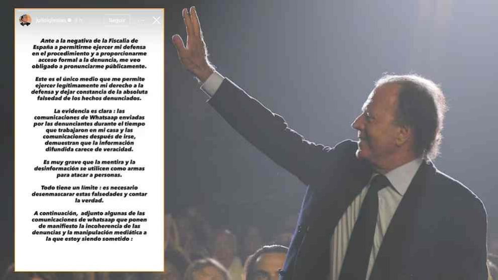 Julio Iglesias publicó mensajes de WhatsApp para desmentir acusaciones de agresión sexual mientras solicita acceso formal a la denuncia.