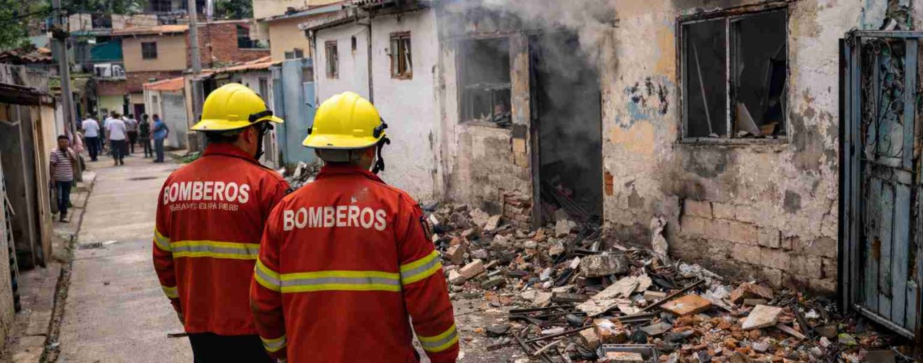 Explosión bombona de gas. Imagen con dos bomberos y una casa en cenizas
