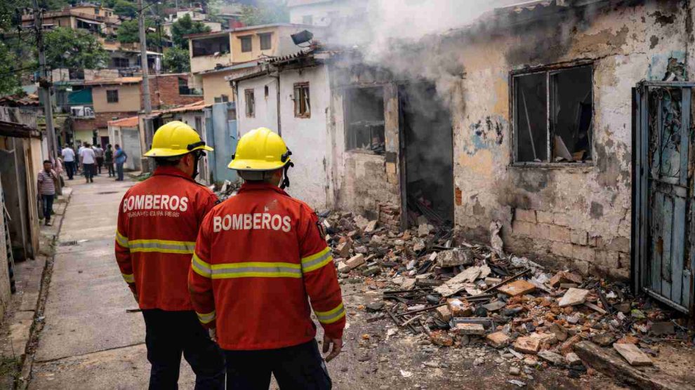 Explosión bombona de gas. Imagen con dos bomberos y una casa en cenizas