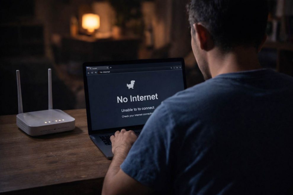 falla internet. Una persona intenta conectarse y no puede