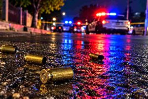 suceso. Casquillos bajo luces policiales-